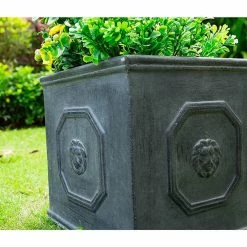 KANTE 12.6 in. W Square Antique Gray Lightweight Concrete/Fiberglass Indoor Outdoor English Lion Head Planter -Green Haven Store antique gray kante plant pots osf0172b c80451 4f 1000