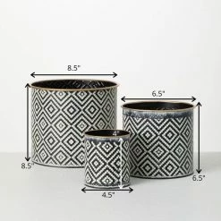 SULLIVANS Black and White Gemoetric Pattern Metal Planter (Set of 3) -Green Haven Store black and white patterned sullivans plant pots met1828 fa 1000