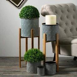 SULLIVANS Black and White Gemoetric Pattern Metal Planter on Stand (Set of 2) -Green Haven Store black and white patterned sullivans plant pots met1830 4f 1000