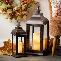 SULLIVANS 25 in. Lantern with 3 LED Pillar Candles -Green Haven Store browns tans sullivans outdoor lanterns su65205ab 4f 1000