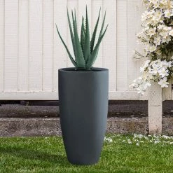 KANTE 13.39 in. x 23.62 in. Round Charcoal Finish Lightweight Concrete and Fiberglass Indoor Outdoor Planter w/Drainage Hole -Green Haven Store charcoal kante plant pots rc0099a c60121 44 1000