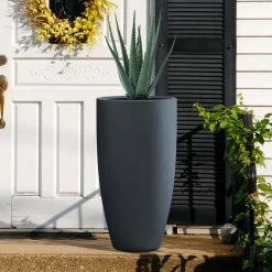 KANTE 13.39 in. x 23.62 in. Round Charcoal Finish Lightweight Concrete and Fiberglass Indoor Outdoor Planter w/Drainage Hole -Green Haven Store charcoal kante plant pots rc0099a c60121 fa 1000