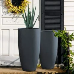 KANTE 31.4" and 23.6"H Charcoal Finish Concrete Tall Planters (Set of 2), Large Outdoor Indoor w/Drainage Hole & Rubber Plug -Green Haven Store charcoal kante plant pots rc0099ab c60121 1f 1000