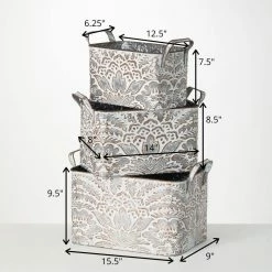 SULLIVANS 9.5 in., 8.5 in. and 7.5 in. Gray Metal Flourish Planter with Handles - (Set of 3) -Green Haven Store gray sullivans plant pots met1823 1f 1000