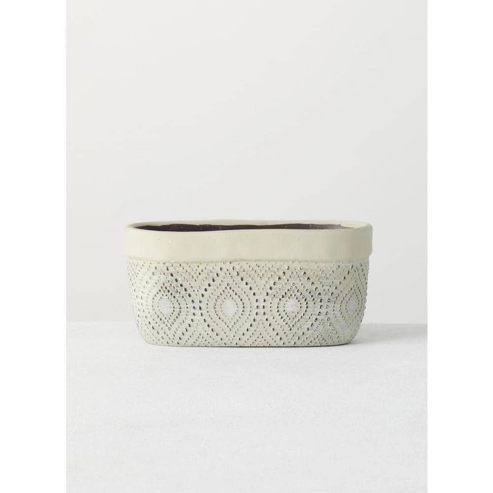 SULLIVANS Green Geometric Print Cement Double Pot 3 SULLIVANS Green Geometric Print Cement Double Pot