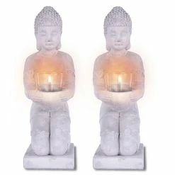 KANTE 12.8 in. H Gray Cement Buddha Garden Statue Tealight Candle Holder Ornament (2-Pack) -Green Haven Store kante garden statues sx20200176 4f 1000