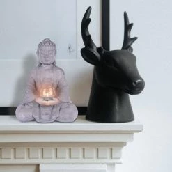 KANTE 14.17 in. H Gray Cement Meditating Buddha Garden Statue Tealight Candle Holder Ornament -Green Haven Store kante garden statues sx20200179 4f 1000
