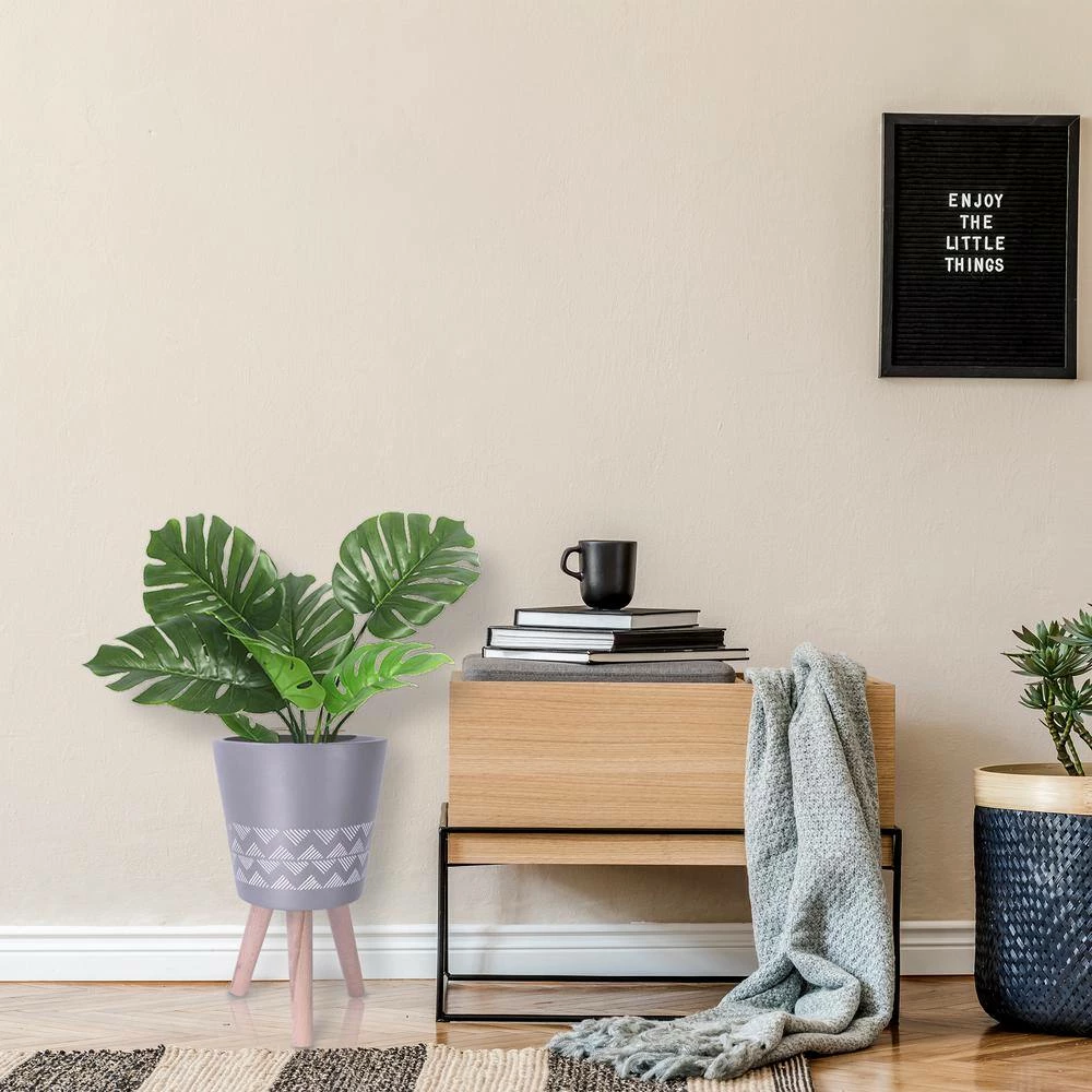 KANTE 17.4 in. Tall Light Gray Lightweight Concrete Classic Outdoor/Indoor Cylindrical Planter with 3 Wooden Legs 8 KANTE 17.4 in. Tall Light Gray Lightweight Concrete Classic Outdoor/Indoor Cylindrical Planter with 3 Wooden Legs - Image 6