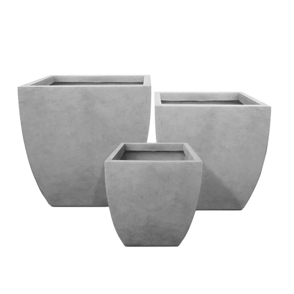 KANTE Square Natural Finish Lightweight Concrete & Weather Resistant Fiberglass Planters with Drainage Holes (Set of 3) 3 KANTE Square Natural Finish Lightweight Concrete & Weather Resistant Fiberglass Planters with Drainage Holes (Set of 3)