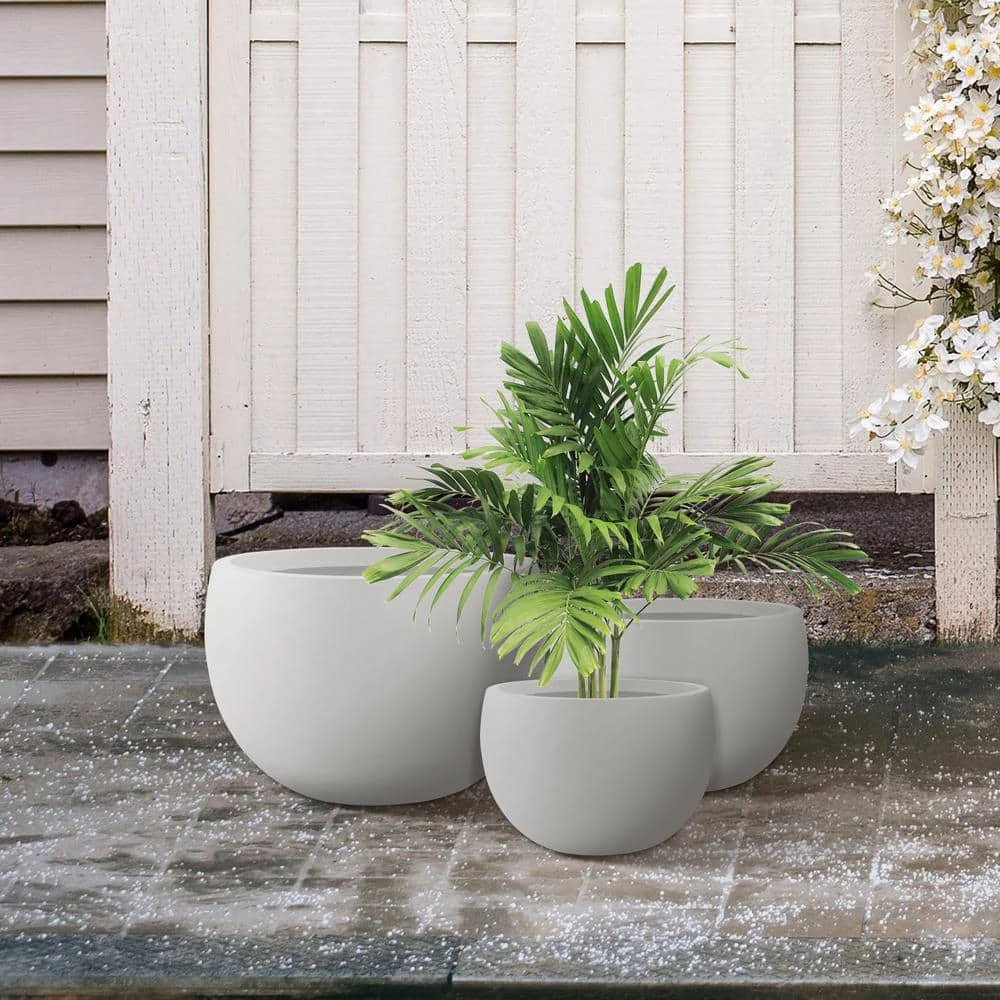 KANTE 20 in., 16 in. and 12 in. W Pure White Concrete Round Elegant Planters (Set of 3), Outdoor Indoor Modern Planter Pots 8 KANTE 20 in., 16 in. and 12 in. W Pure White Concrete Round Elegant Planters (Set of 3), Outdoor Indoor Modern Planter Pots - Image 6