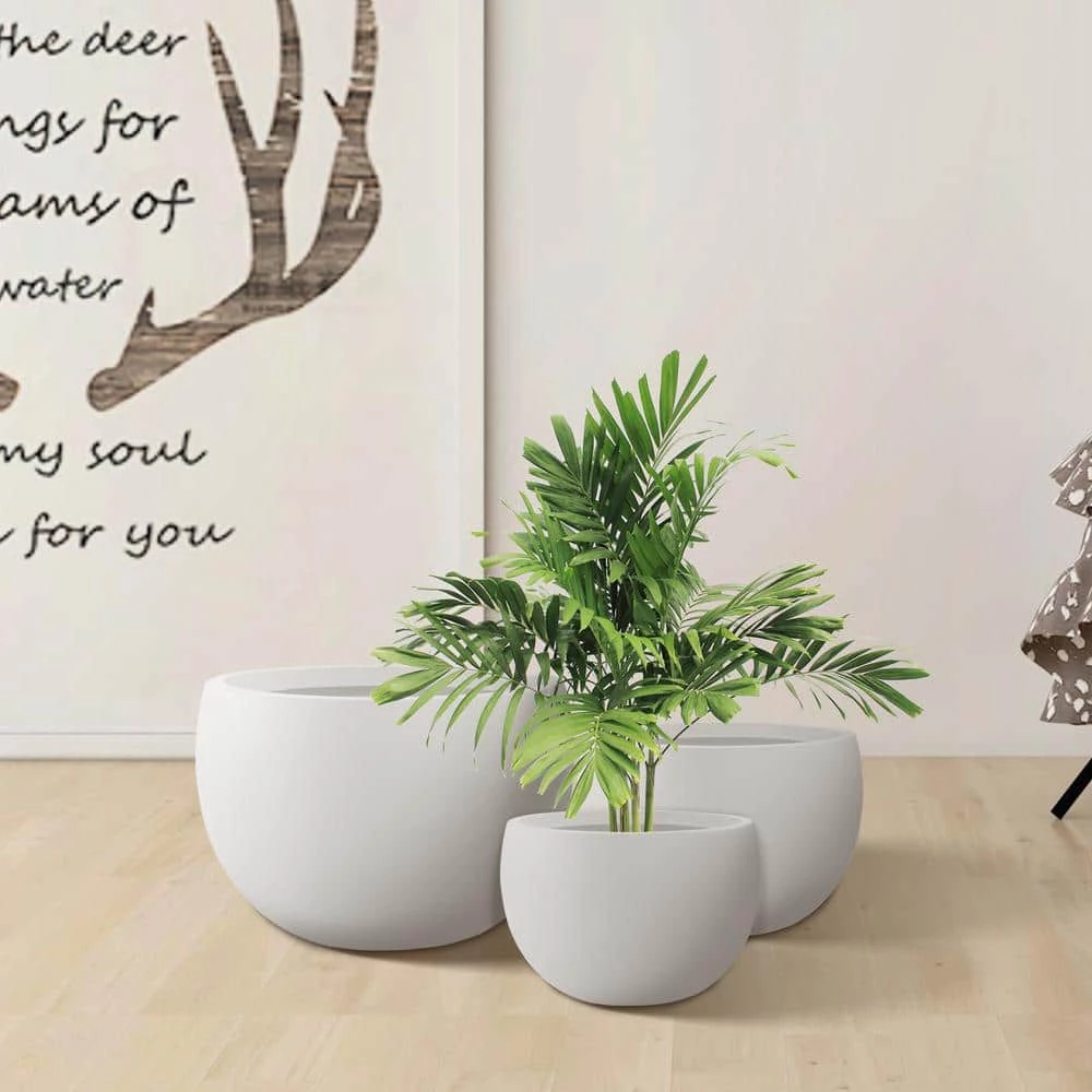 KANTE 20 in., 16 in. and 12 in. W Pure White Concrete Round Elegant Planters (Set of 3), Outdoor Indoor Modern Planter Pots 5 KANTE 20 in., 16 in. and 12 in. W Pure White Concrete Round Elegant Planters (Set of 3), Outdoor Indoor Modern Planter Pots - Image 3