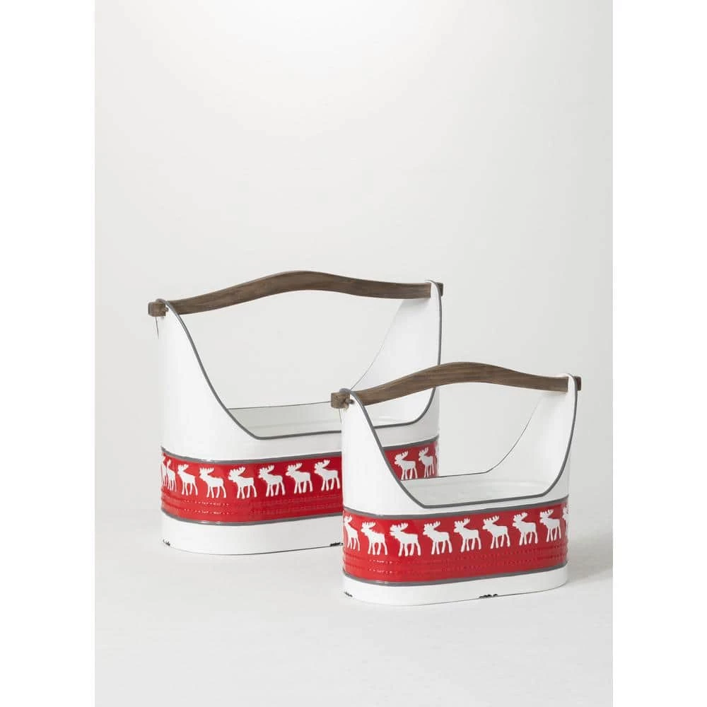 SULLIVANS Red and White Reindeer Metal Trugs with Wood Handles (Set of 2) 3 SULLIVANS Red and White Reindeer Metal Trugs with Wood Handles (Set of 2)