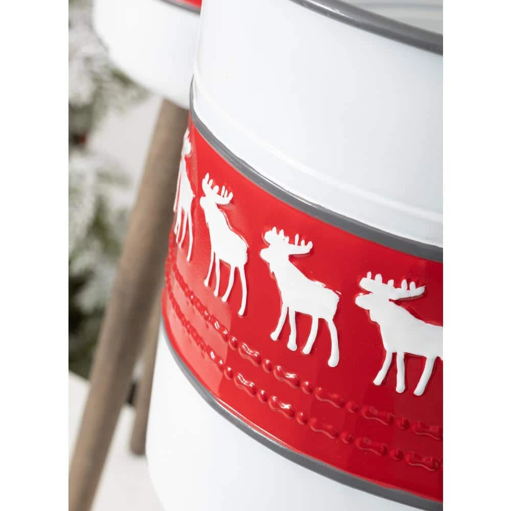 SULLIVANS Red & White Reindeer Metal and Wood Planter Stand (Set of 2) 4 SULLIVANS Red & White Reindeer Metal and Wood Planter Stand (Set of 2) - Image 2