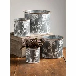 SULLIVANS Silver Metal Flower Patterned Planter (Set of 4) -Green Haven Store silver sullivans plant pots met1702 1f 1000