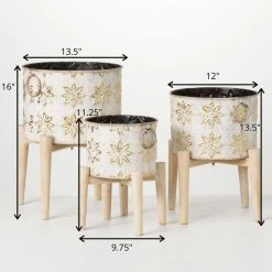 SULLIVANS White and Gold Flower Burst Metal Planter on Stand (Set of 3) 9 SULLIVANS White and Gold Flower Burst Metal Planter on Stand (Set of 3) -Green Haven Store white and gold patterned sullivans plant pots met1880 1f 1000