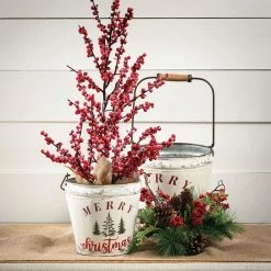SULLIVANS White Merry Christmas Metal Bucket (Set of 2) 7 SULLIVANS White Merry Christmas Metal Bucket (Set of 2) -Green Haven Store white sullivans plant pots met1756 4f 1000