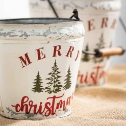 SULLIVANS White Merry Christmas Metal Bucket (Set of 2) 6 SULLIVANS White Merry Christmas Metal Bucket (Set of 2) -Green Haven Store white sullivans plant pots met1756 c3 1000