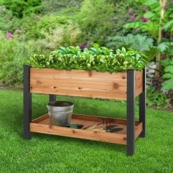 Vigoro 2 ft. x 4 ft. Elevated Cedar Garden Bed with Shelf (Vinyl Legs) -Green Haven Store wood vigoro raised planter boxes 445190 4f 1000
