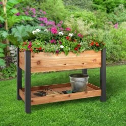 Vigoro 2 ft. x 4 ft. Elevated Cedar Garden Bed with Shelf (Vinyl Legs) -Green Haven Store wood vigoro raised planter boxes 445190 c3 1000